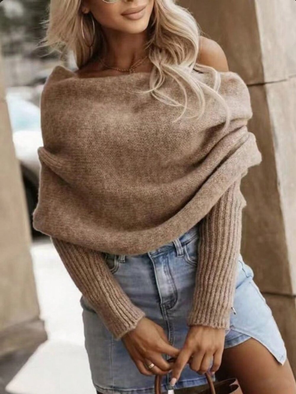 Khaki Casual Women's Deep off shoulder Knit Long Sleeve Pullover - Picture 3 of 6